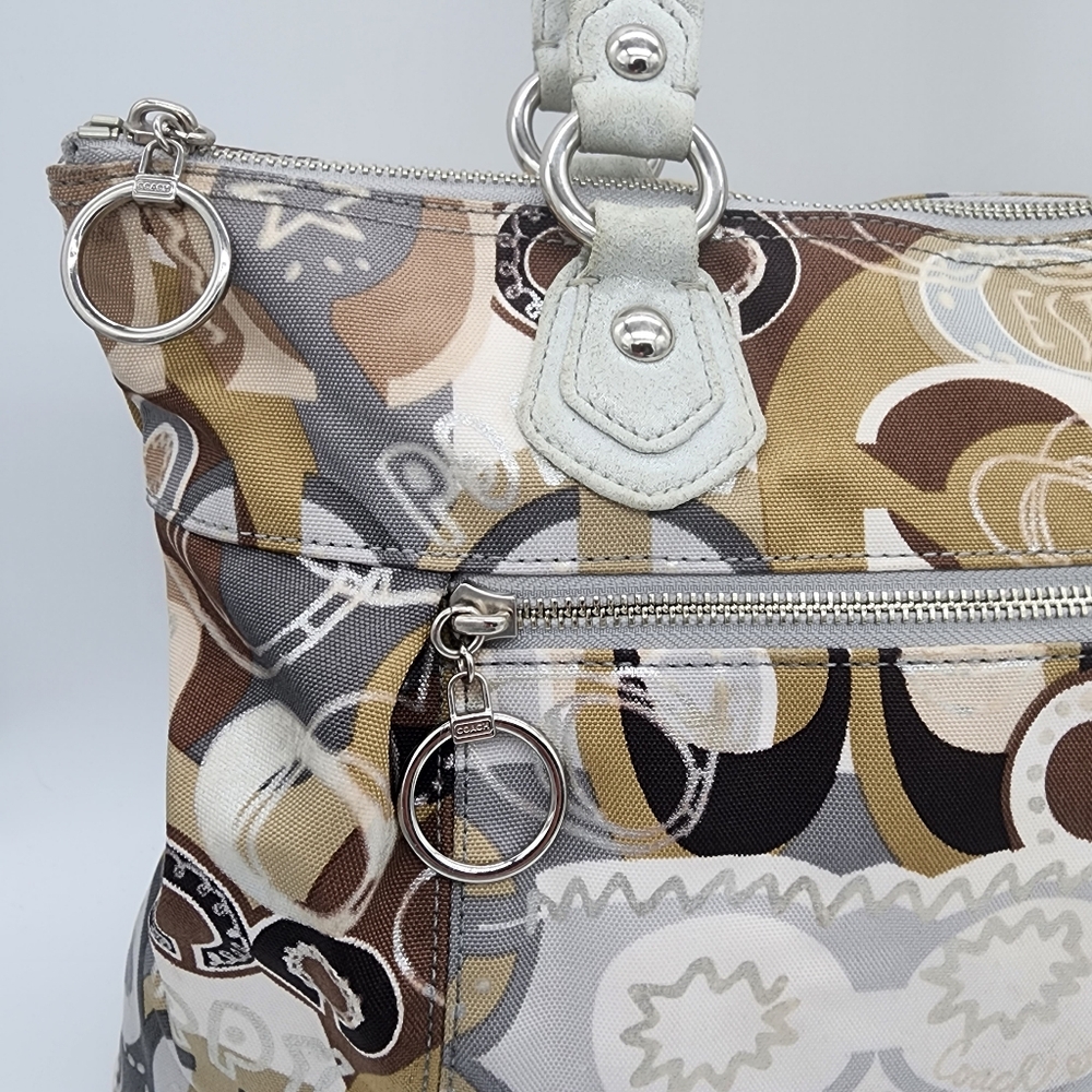 Coach Poppy Graffiti Glam Tote Canvas Silver Cream Tan Brown FLAWS - Picture 2 of 15